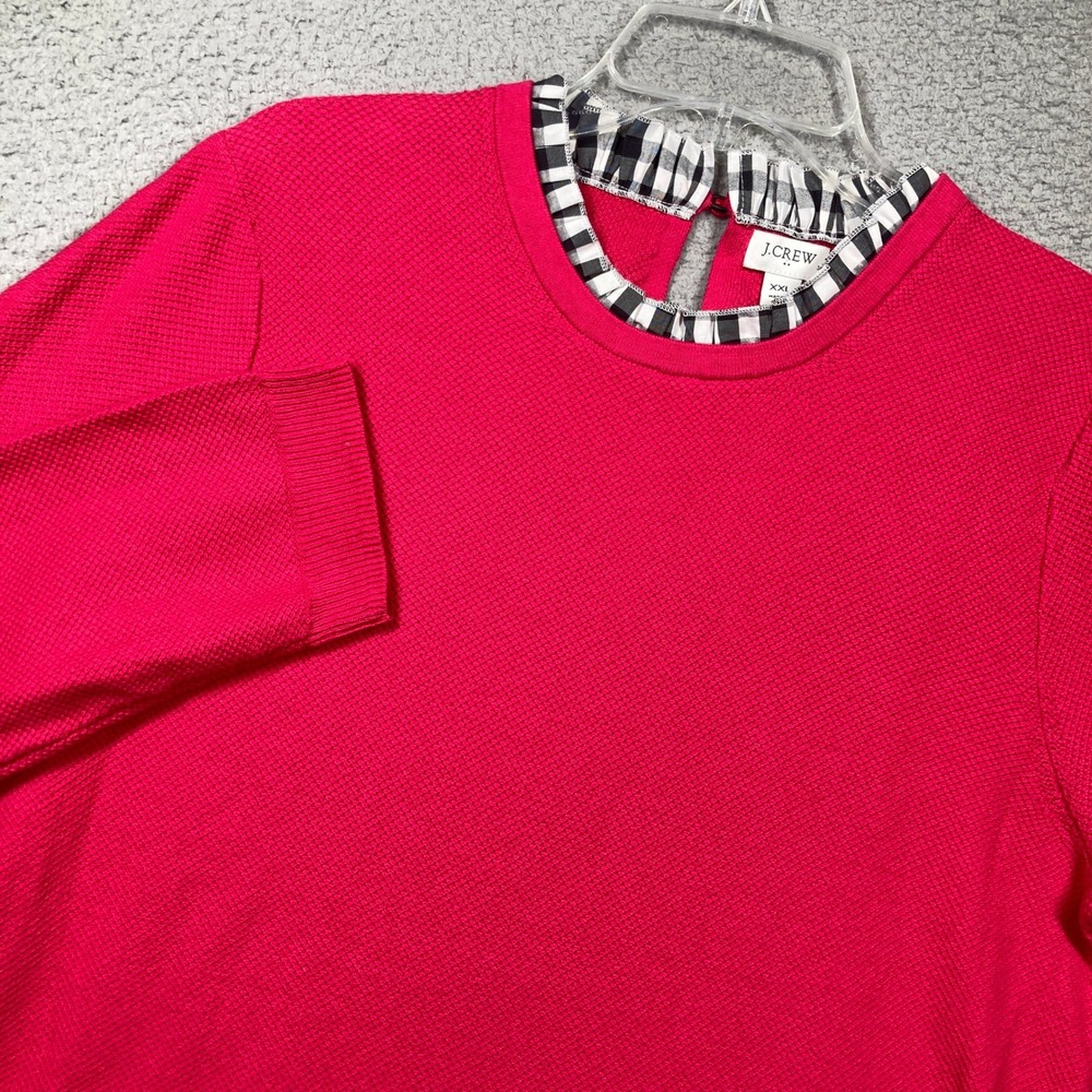 J.Crew Sweater Women XXL Pink Gingham Ruffle Collar Textured Cotton Preppy